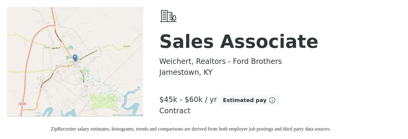 Weichert, Realtors - Ford Brothers job posting for a Sales Associate in Jamestown, KY with a salary of $45,000 to $60,000 Yearly with a map of Jamestown location.