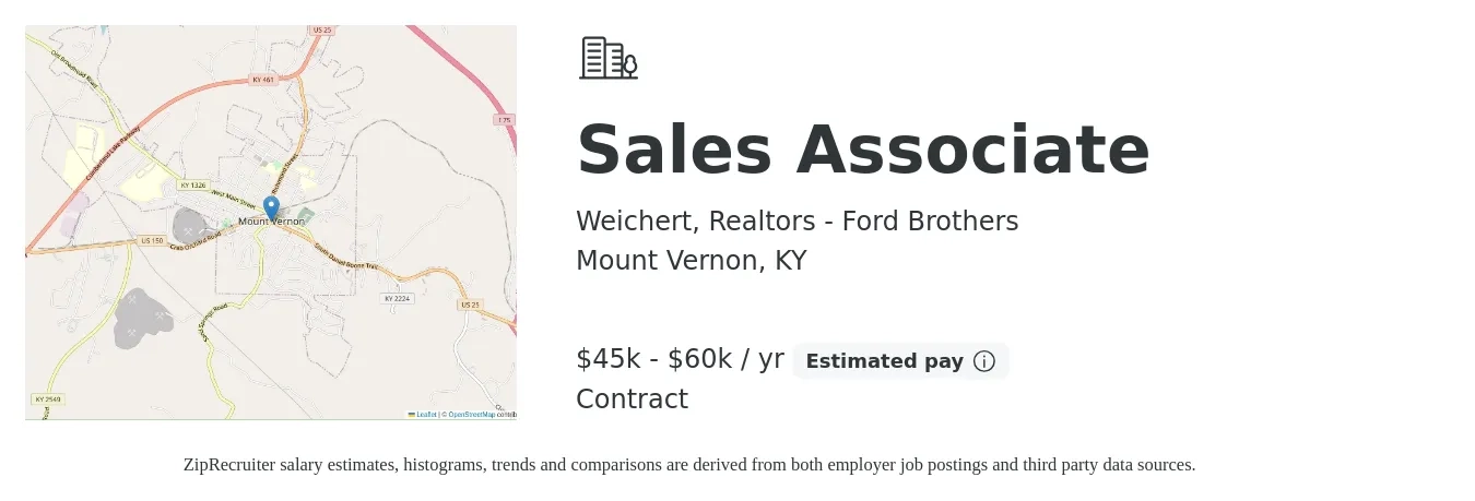 Weichert, Realtors - Ford Brothers job posting for a Sales Associate in Mount Vernon, KY with a salary of $45,000 to $60,000 Yearly with a map of Mount Vernon location.