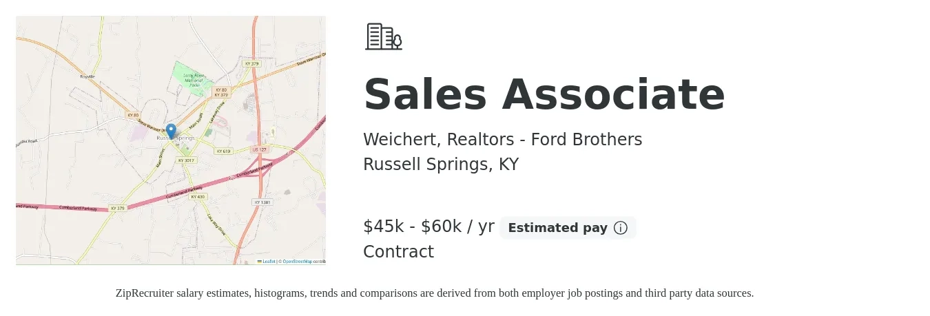 Weichert, Realtors - Ford Brothers job posting for a Sales Associate in Russell Springs, KY with a salary of $45,000 to $60,000 Yearly with a map of Russell Springs location.