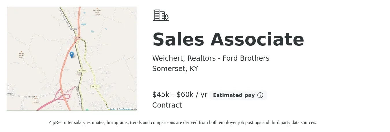 Weichert, Realtors - Ford Brothers job posting for a Sales Associate in Somerset, KY with a salary of $45,000 to $60,000 Yearly with a map of Somerset location.
