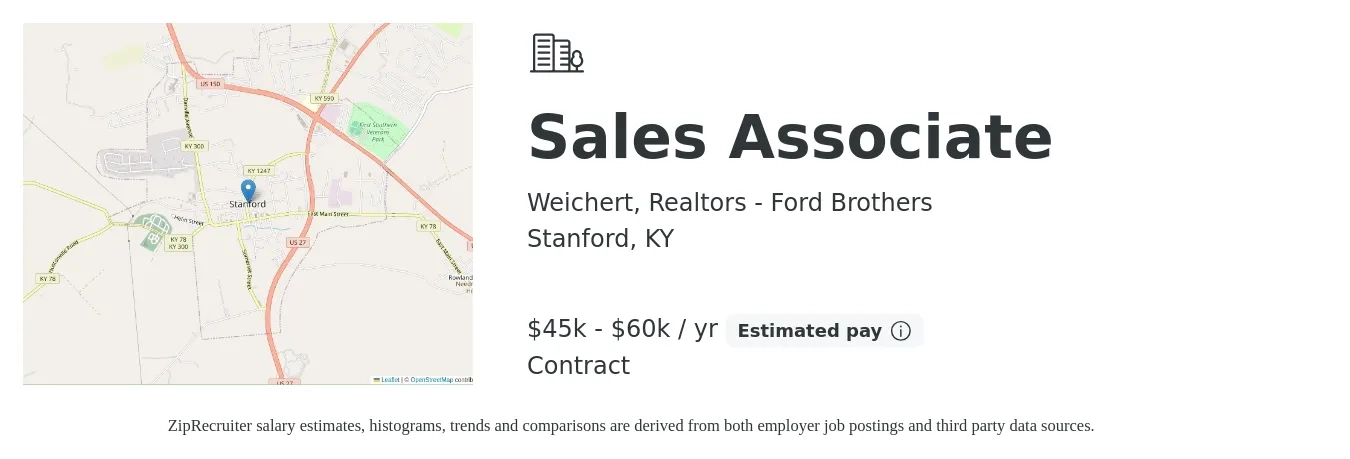 Weichert, Realtors - Ford Brothers job posting for a Sales Associate in Stanford, KY with a salary of $45,000 to $60,000 Yearly with a map of Stanford location.