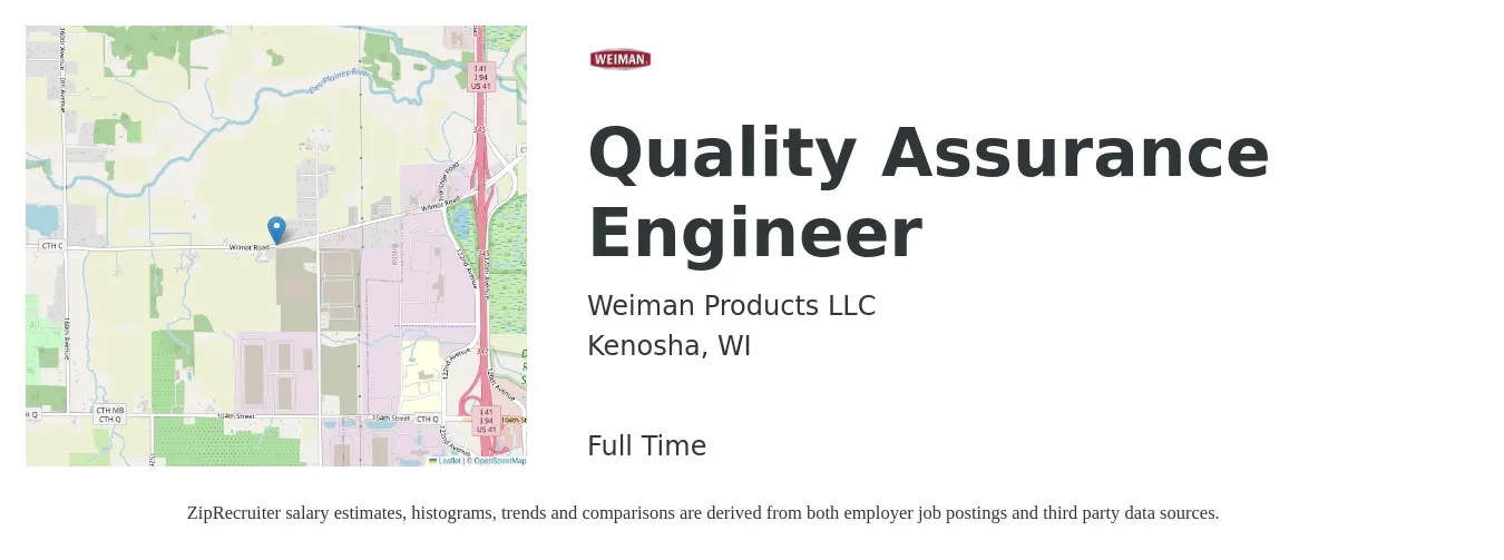 Weiman Products LLC job posting for a Quality Assurance Engineer in Kenosha, WI with a salary of $77,100 to $108,900 Yearly with a map of Kenosha location.