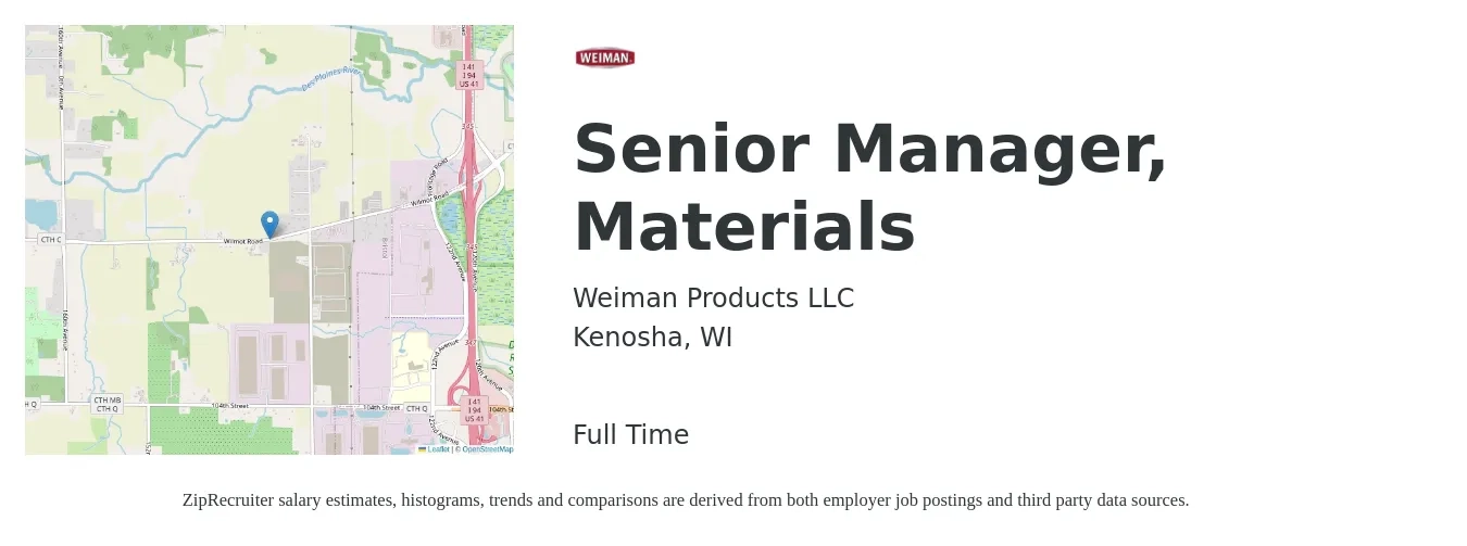 Weiman Products LLC job posting for a Senior Manager, Materials in Kenosha, WI with a salary of $61,500 to $100,600 Yearly with a map of Kenosha location.