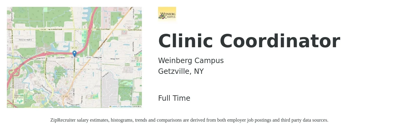 Weinberg Campus job posting for a Clinic Coordinator in Getzville, NY with a salary of $20 to $22 Hourly with a map of Getzville location.