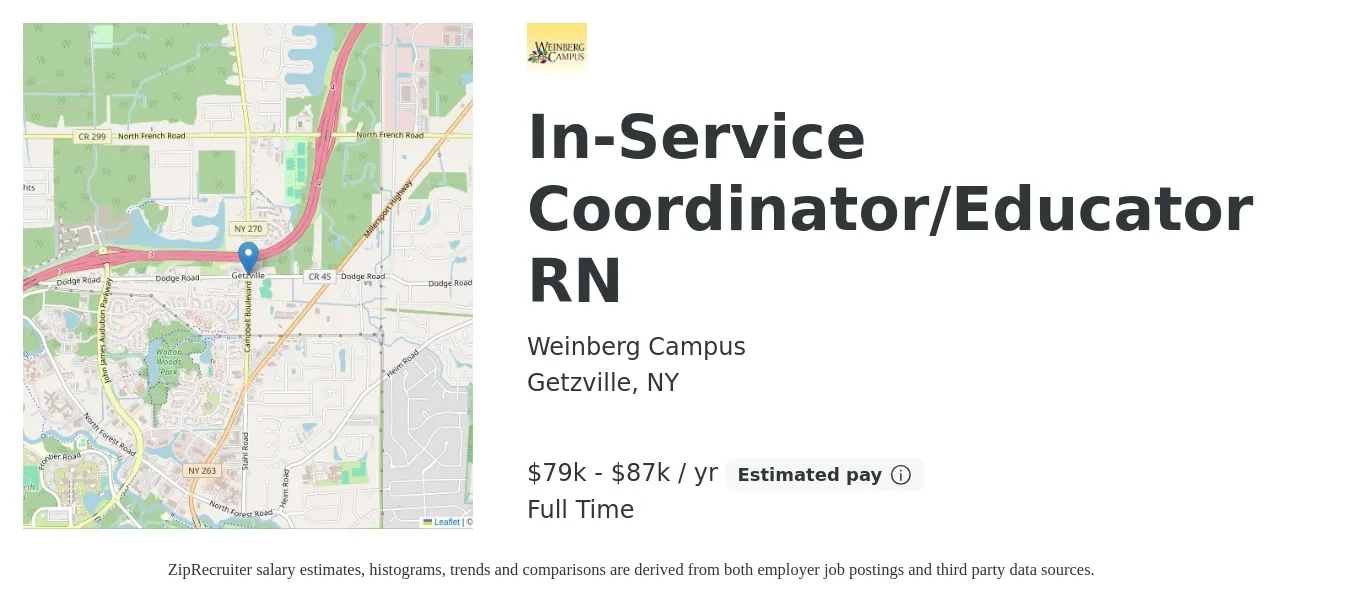 Weinberg Campus job posting for a In-Service Coordinator/Educator RN in Getzville, NY with a salary of $38 to $42 Hourly with a map of Getzville location.