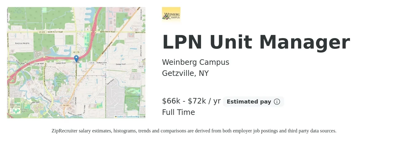 Weinberg Campus job posting for a LPN Unit Manager in Getzville, NY with a salary of $66,560 to $72,800 Yearly with a map of Getzville location.