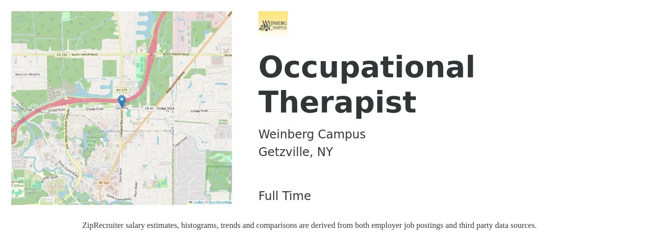 Weinberg Campus job posting for a Occupational Therapist in Getzville, NY with a salary of $66,560 to $79,040 Yearly with a map of Getzville location.