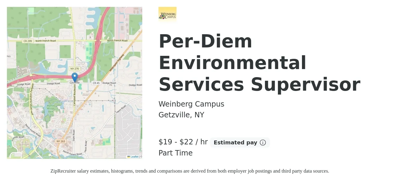 Weinberg Campus job posting for a Per-Diem Environmental Services Supervisor in Getzville, NY with a salary of $20 to $23 Hourly with a map of Getzville location.
