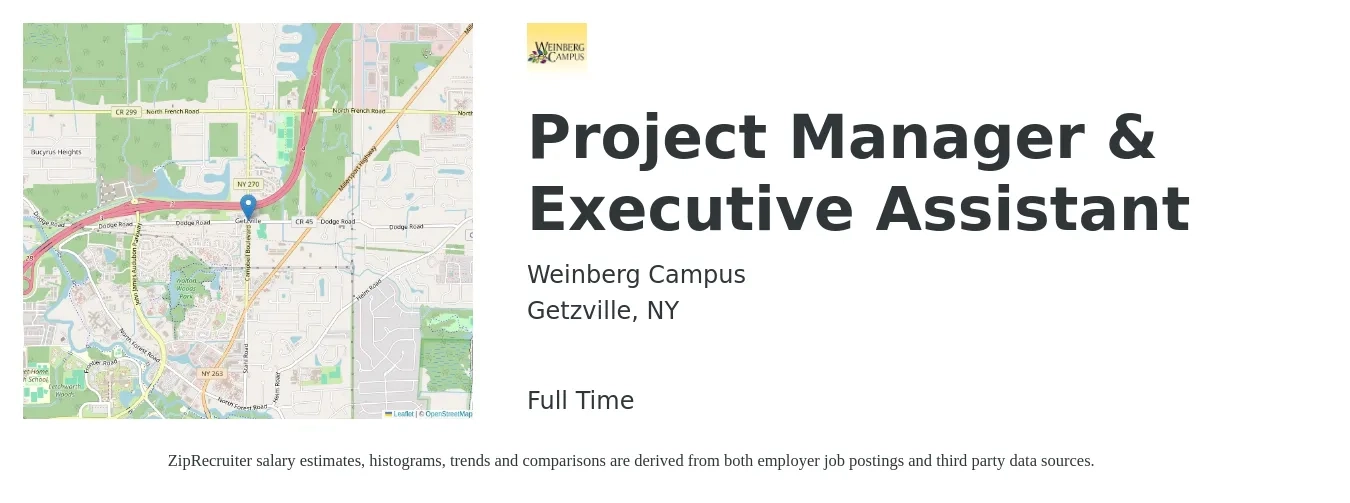 Weinberg Campus job posting for a Project Manager & Executive Assistant in Getzville, NY with a salary of $55,000 to $70,000 Yearly with a map of Getzville location.