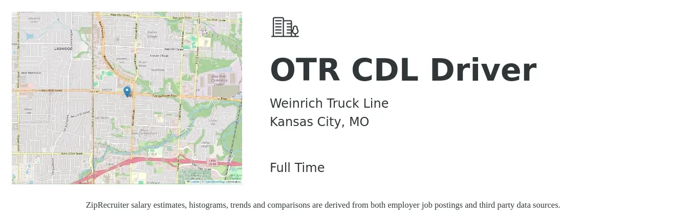 Weinrich Truck Line job posting for a OTR CDL Driver in Kansas City, MO with a salary of $1,350 to $1,770 Weekly with a map of Kansas City location.