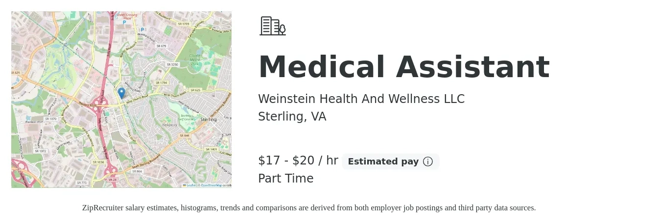 Weinstein Health And Wellness LLC job posting for a Medical Assistant in Sterling, VA with a salary of $18 to $21 Hourly with a map of Sterling location.