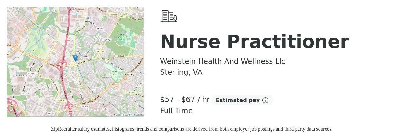 Weinstein Health And Wellness Llc job posting for a Nurse Practitioner in Sterling, VA with a salary of $60 to $70 Hourly with a map of Sterling location.