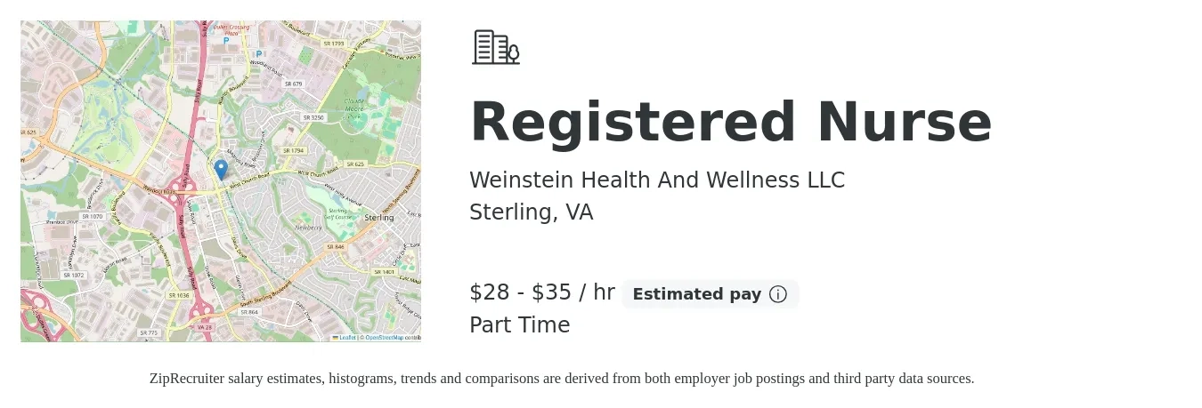 Weinstein Health And Wellness LLC job posting for a Registered Nurse in Sterling, VA with a salary of $30 to $37 Hourly with a map of Sterling location.