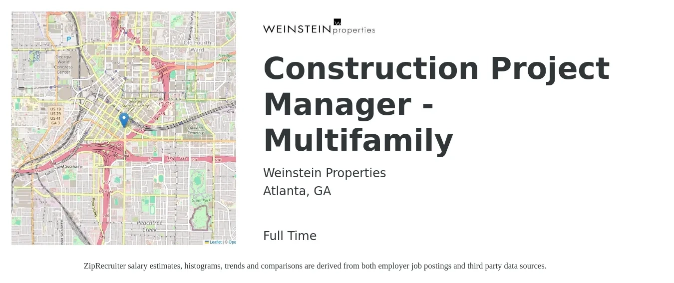 Weinstein Properties job posting for a Construction Project Manager - Multifamily in Atlanta, GA with a salary of $72,100 to $114,400 Yearly with a map of Atlanta location.