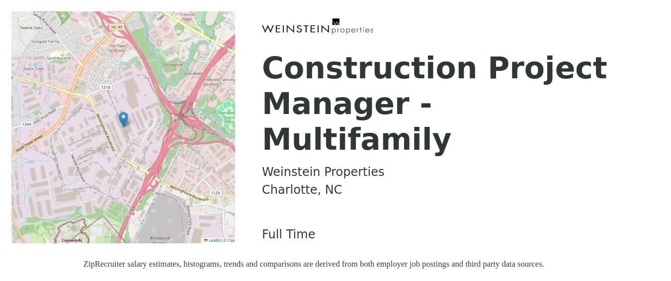 Weinstein Properties job posting for a Construction Project Manager - Multifamily in Charlotte, NC with a salary of $73,300 to $116,200 Yearly with a map of Charlotte location.