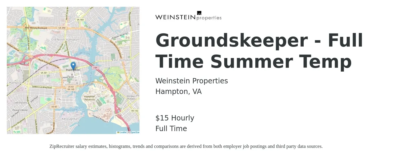 Weinstein Properties job posting for a Groundskeeper - Full Time Summer Temp in Hampton, VA with a salary of $15 Hourly with a map of Hampton location.
