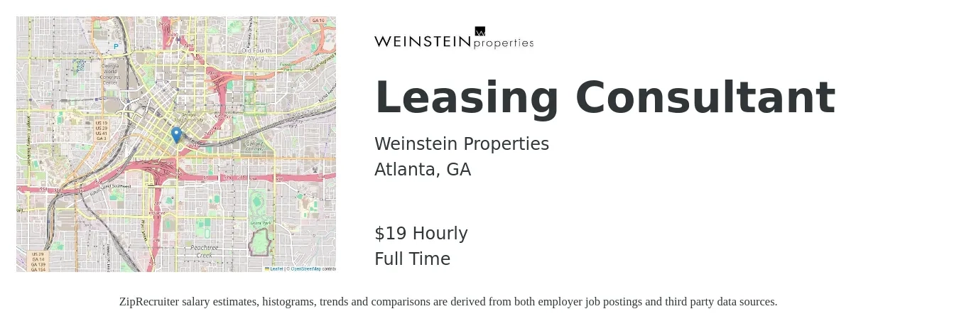 Weinstein Properties job posting for a Leasing Consultant in Atlanta, GA with a salary of $20 Hourly with a map of Atlanta location.