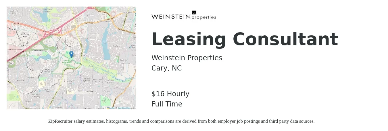 Weinstein Properties job posting for a Leasing Consultant in Cary, NC with a salary of $17 Hourly with a map of Cary location.
