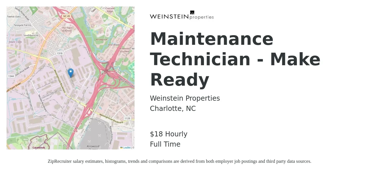 Weinstein Properties job posting for a Maintenance Technician - Make Ready in Charlotte, NC with a salary of $19 Hourly with a map of Charlotte location.