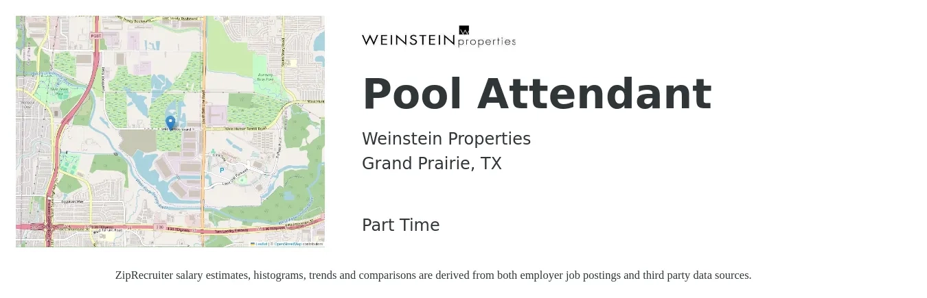 Weinstein Properties job posting for a Pool Attendant in Grand Prairie, TX with a salary of $12 to $16 Hourly with a map of Grand Prairie location.