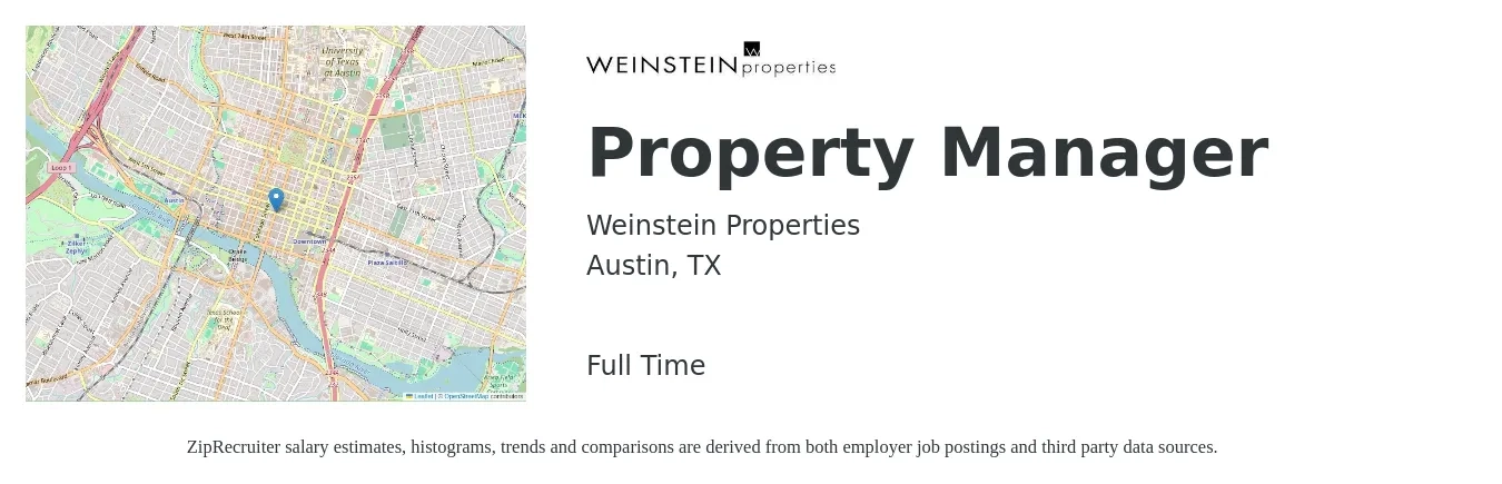 Weinstein Properties job posting for a Property Manager in Austin, TX with a salary of $43,600 to $67,400 Yearly with a map of Austin location.