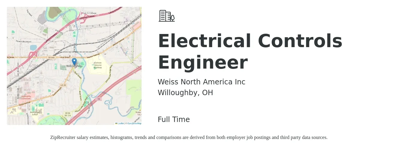 Weiss North America Inc job posting for a Electrical Controls Engineer in Willoughby, OH with a salary of $74,400 to $99,600 Yearly with a map of Willoughby location.