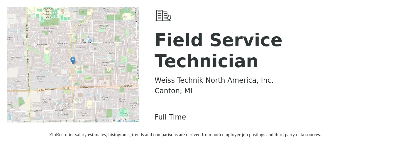 Weiss Technik North America, Inc. job posting for a Field Service Technician in Canton, MI with a salary of $18 to $28 Hourly with a map of Canton location.