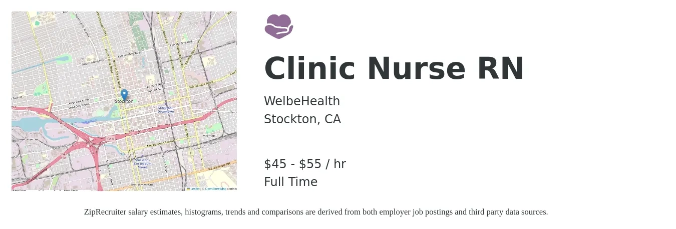 WelbeHealth job posting for a Clinic Nurse RN in Stockton, CA with a salary of $48 to $57 Hourly with a map of Stockton location.