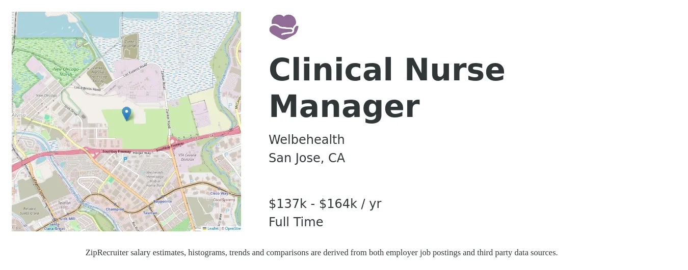 WelbeHealth job posting for a Clinical Nurse Manager in San Jose, CA with a salary of $132,181 to $158,617 Yearly with a map of San Jose location.