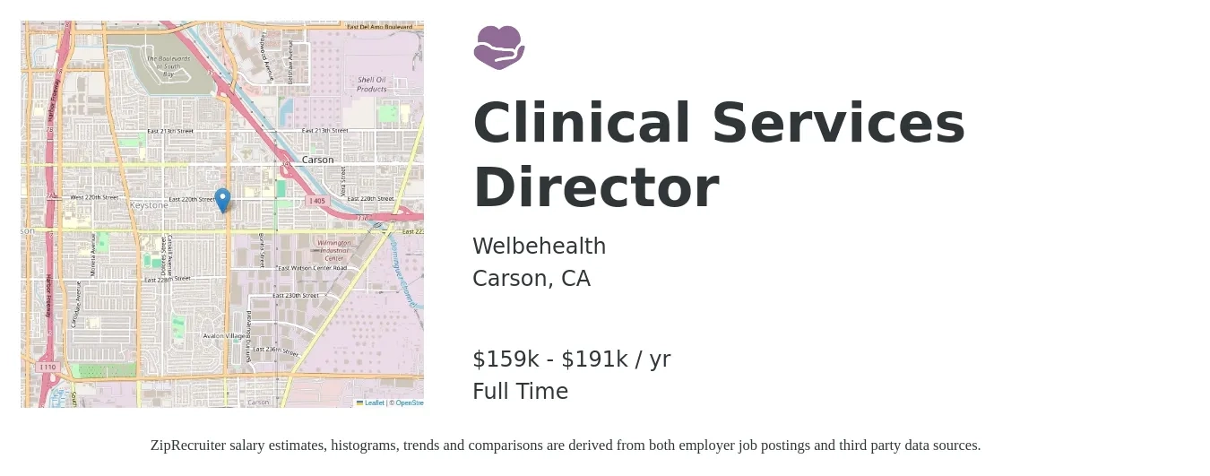 WelbeHealth job posting for a Clinical Services Director in Carson, CA with a salary of $159,939 to $191,927 Yearly with a map of Carson location.