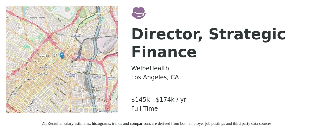 WelbeHealth job posting for a Director, Strategic Finance in Los Angeles, CA with a salary of $145,399 to $174,479 Yearly with a map of Los Angeles location.