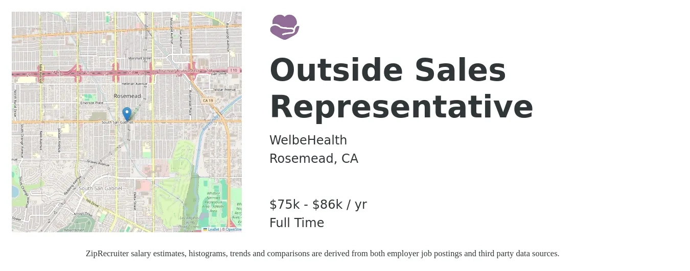 Welbehealth job posting for a Outside Sales Representative in Rosemead, CA with a salary of $75,000 to $86,000 Yearly with a map of Rosemead location.