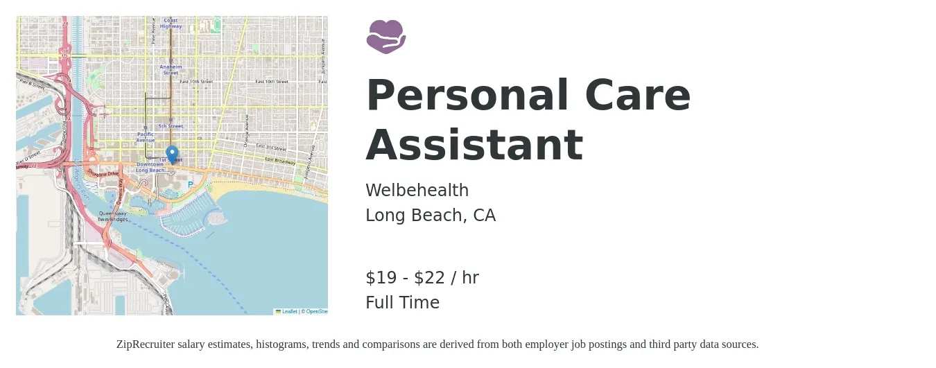 WelbeHealth job posting for a Personal Care Assistant in Long Beach, CA with a salary of $20 to $23 Hourly with a map of Long Beach location.