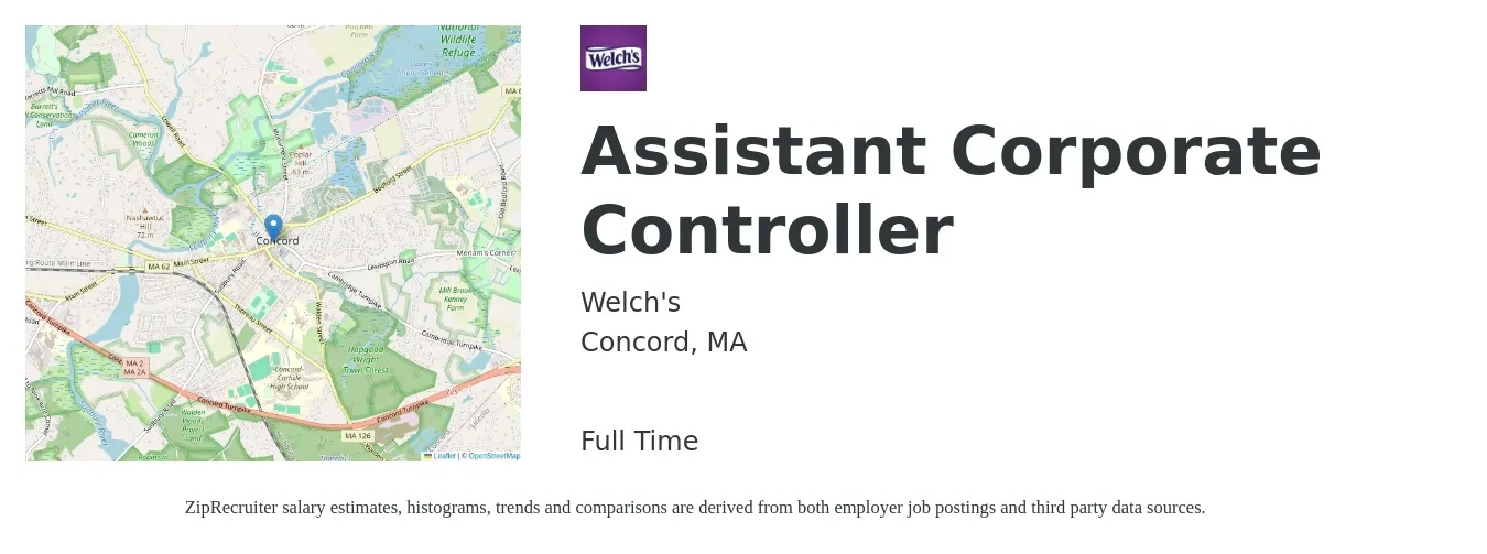 Welch's job posting for a Assistant Corporate Controller in Concord, MA with a salary of $87,500 to $153,200 Yearly with a map of Concord location.