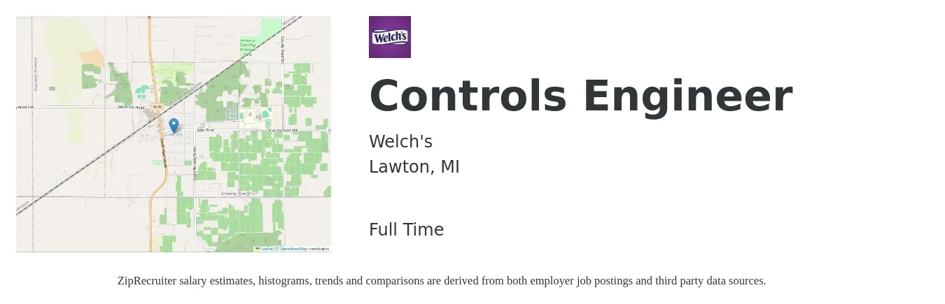 Welch's job posting for a Controls Engineer in Lawton, MI with a salary of $78,400 to $101,400 Yearly with a map of Lawton location.