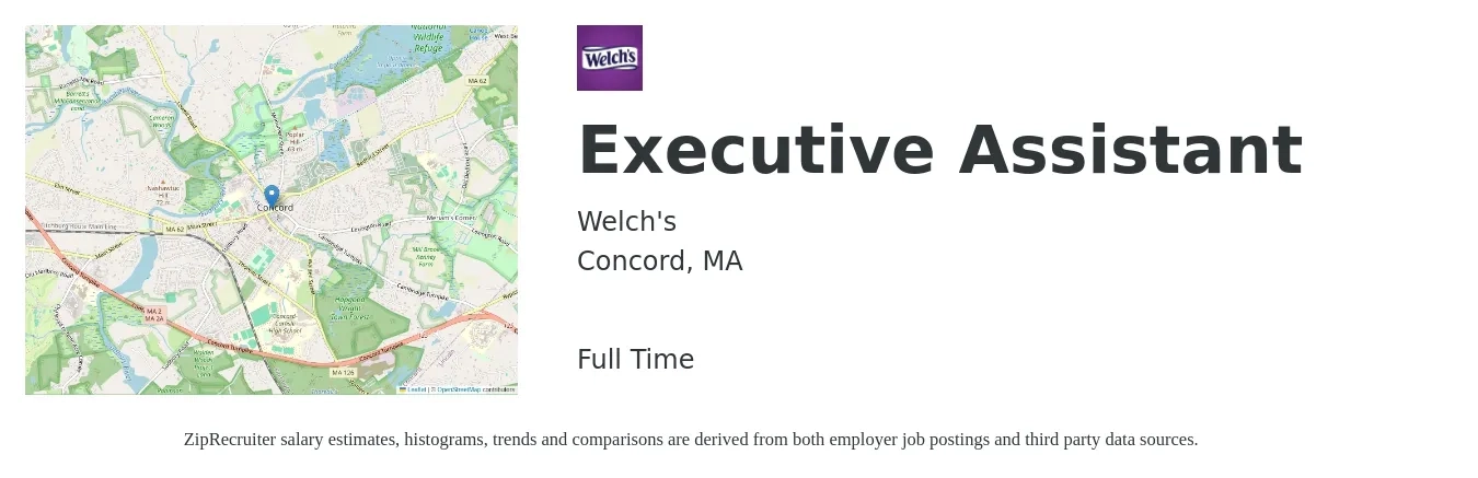 Welch's job posting for a Executive Assistant in Concord, MA with a salary of $54,700 to $82,100 Yearly with a map of Concord location.