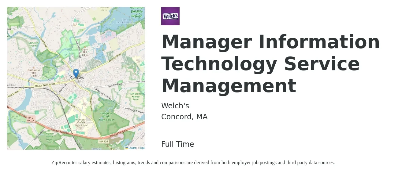Welch's job posting for a Manager Information Technology Service Management in Concord, MA with a salary of $56,900 to $88,100 Yearly with a map of Concord location.