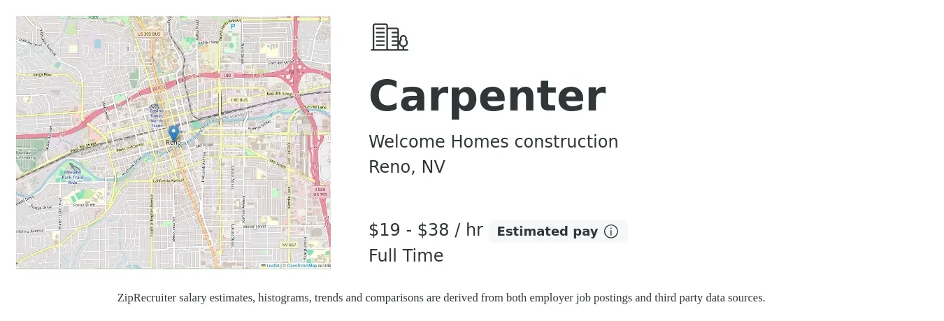 Welcome Homes construction job posting for a Carpenter in Reno, NV with a salary of $20 to $40 Hourly with a map of Reno location.