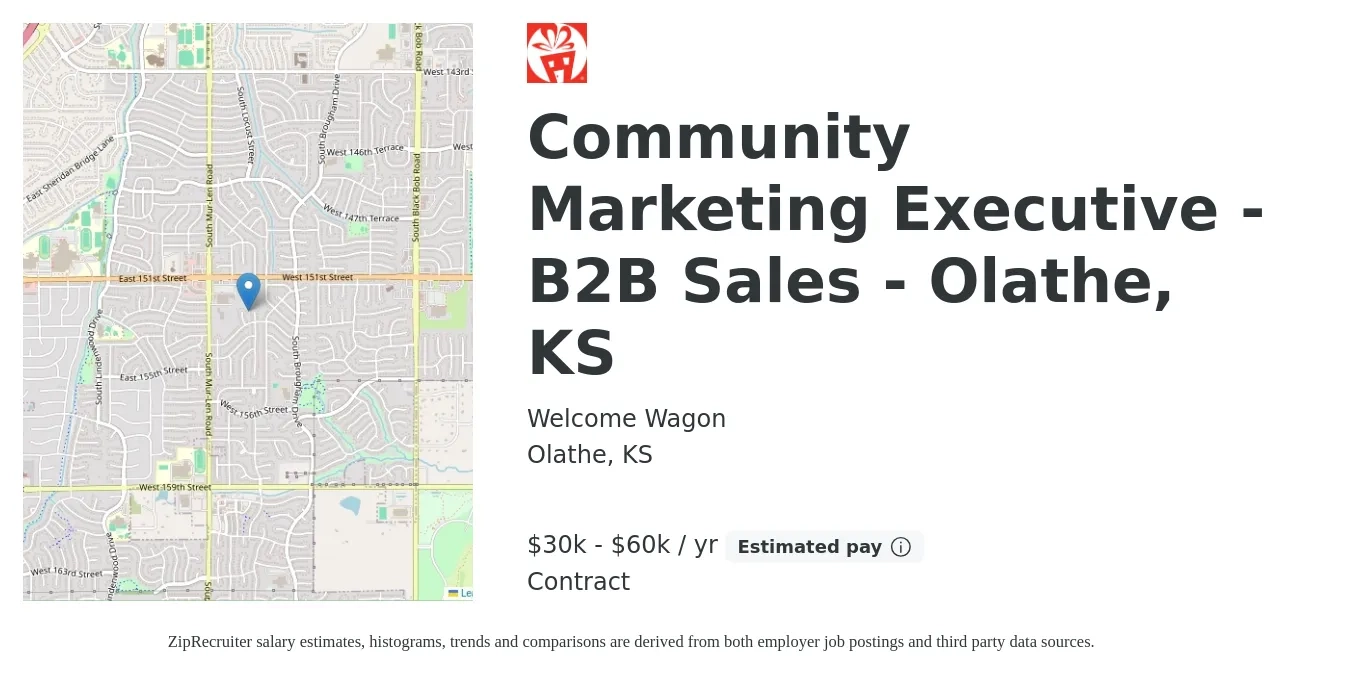 Welcome Wagon job posting for a Community Marketing Executive - B2B Sales - Olathe, KS in Olathe, KS with a salary of $30,000 to $60,000 Yearly with a map of Olathe location.