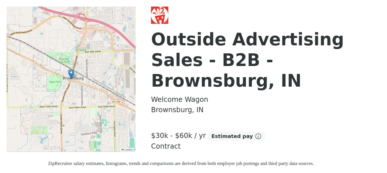 Welcome Wagon job posting for a Outside Advertising Sales - B2B - Brownsburg, IN in Brownsburg, IN with a salary of $30,000 to $60,000 Yearly with a map of Brownsburg location.