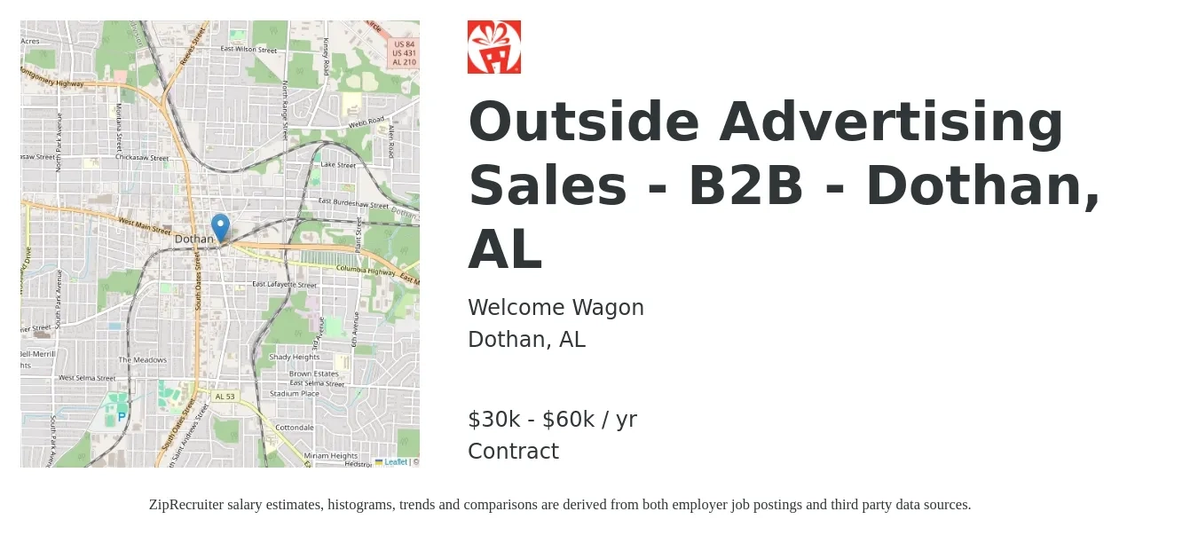 Welcome Wagon job posting for a Outside Advertising Sales - B2B - Dothan, AL in Dothan, AL with a salary of $30,001 to $60,000 Yearly with a map of Dothan location.