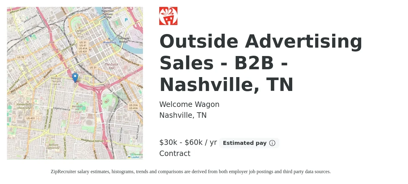 Welcome Wagon job posting for a Outside Advertising Sales - B2B - Nashville, TN in Nashville, TN with a salary of $30,000 to $60,000 Yearly with a map of Nashville location.