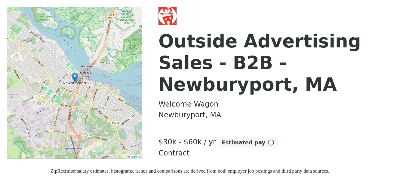 Welcome Wagon job posting for a Outside Advertising Sales - B2B - Newburyport, MA in Newburyport, MA with a salary of $30,000 to $60,000 Yearly with a map of Newburyport location.