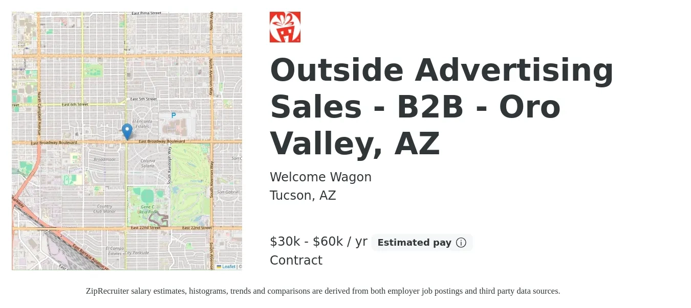 Welcome Wagon job posting for a Outside Advertising Sales - B2B - Oro Valley, AZ in Tucson, AZ with a salary of $30,000 to $60,000 Yearly with a map of Tucson location.