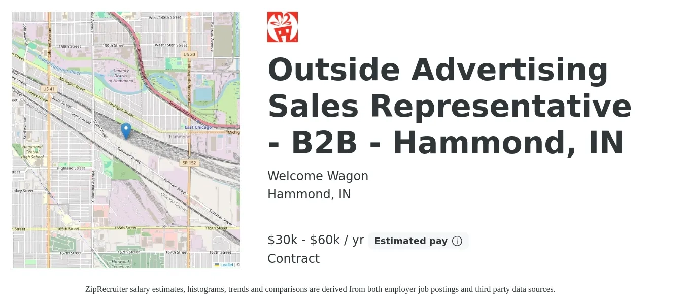 Welcome Wagon job posting for a Outside Advertising Sales Representative - B2B - Hammond, IN in Hammond, IN with a salary of $30,000 to $60,000 Yearly with a map of Hammond location.