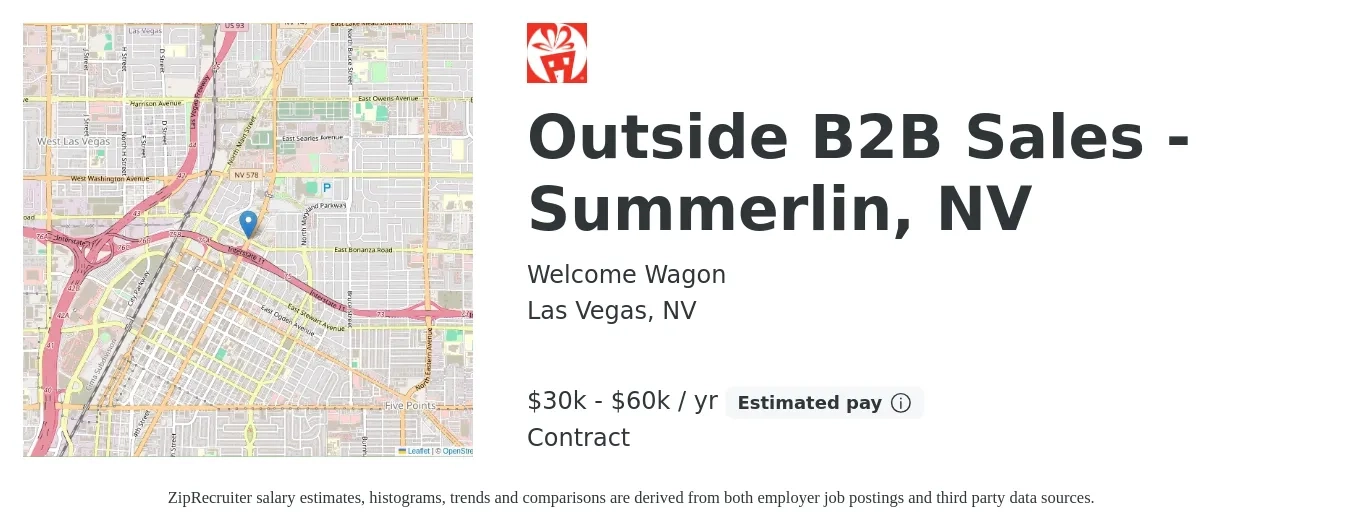 Welcome Wagon job posting for a Outside B2B Sales - Summerlin, NV in Las Vegas, NV with a salary of $30,000 to $60,000 Yearly with a map of Las Vegas location.