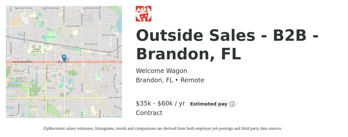 Welcome Wagon job posting for a Outside Sales - B2B - Brandon, FL in Brandon, FL with a salary of $35,000 to $60,000 Yearly with a map of Brandon location.