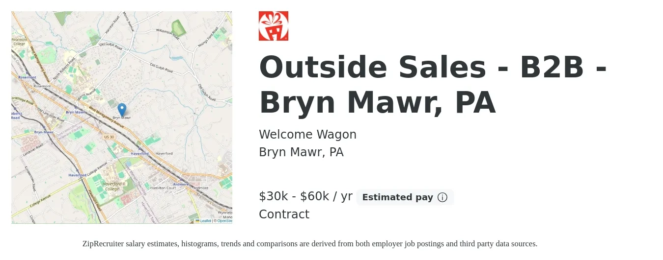 Welcome Wagon job posting for a Outside Sales - B2B - Bryn Mawr, PA in Bryn Mawr, PA with a salary of $30,000 to $60,000 Yearly with a map of Bryn Mawr location.