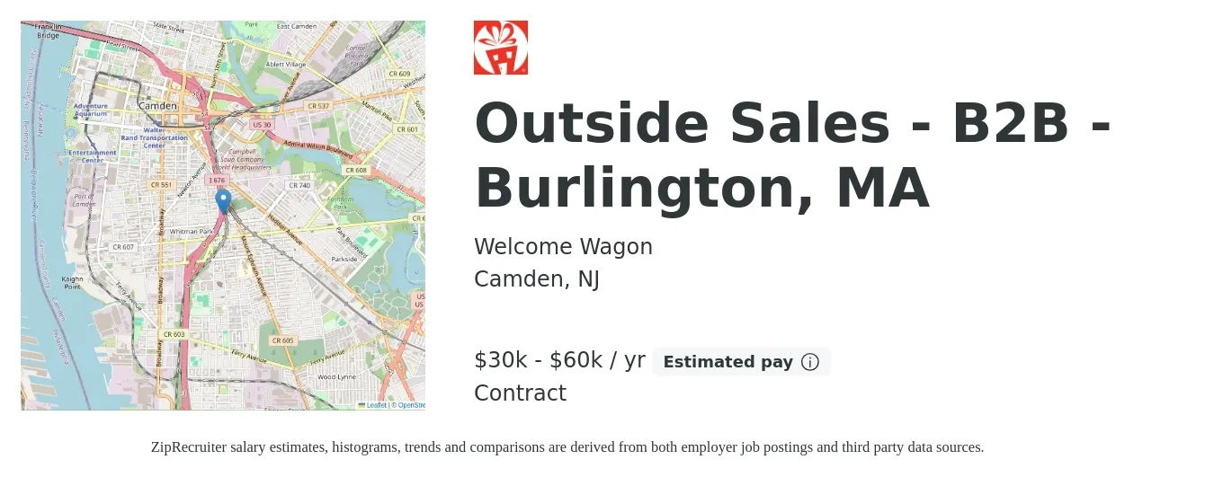 Welcome Wagon job posting for a Outside Sales - B2B - Burlington, MA in Camden, NJ with a salary of $30,000 to $60,000 Yearly with a map of Camden location.