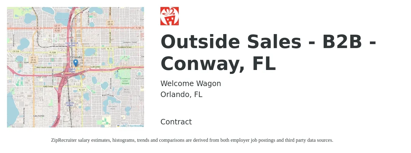 Welcome Wagon job posting for a Outside Sales - B2B - Conway, FL in Orlando, FL with a salary of $49,100 to $84,100 Yearly with a map of Orlando location.